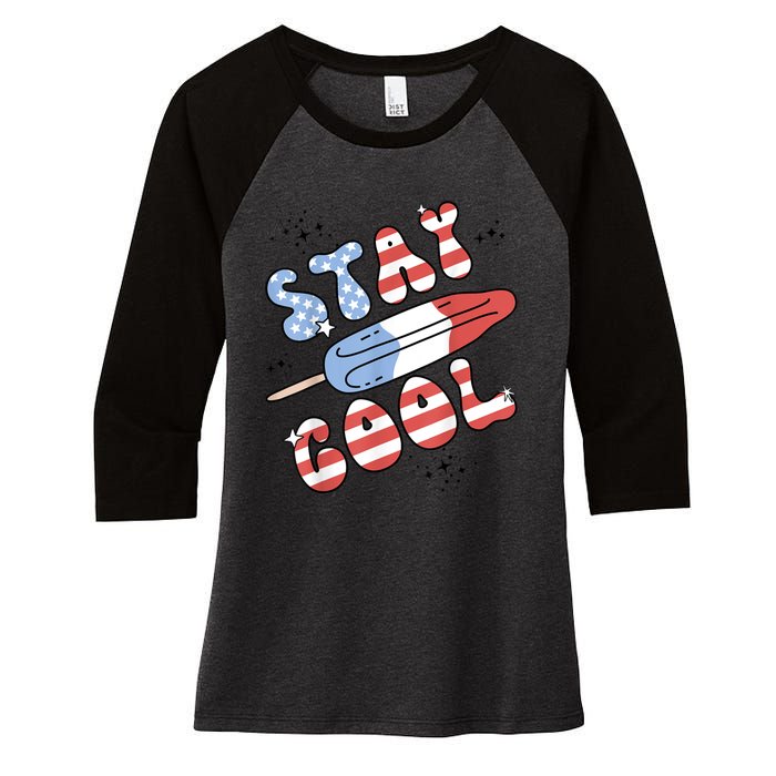 Summer Popsicle Stay Cool 4th Of July Retro Groovy US Flag Women's Tri-Blend 3/4-Sleeve Raglan Shirt