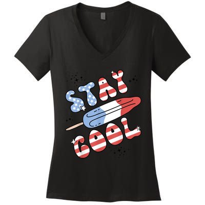 Summer Popsicle Stay Cool 4th Of July Retro Groovy US Flag Women's V-Neck T-Shirt