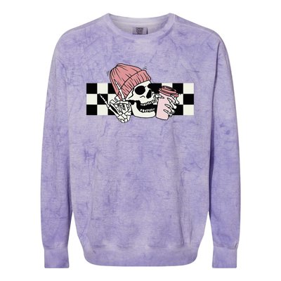 Skeleton Peace Sign Coffee Checkerboard Colorblast Crewneck Sweatshirt