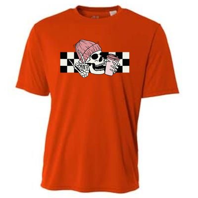 Skeleton Peace Sign Coffee Checkerboard Cooling Performance Crew T-Shirt