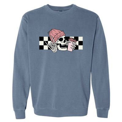 Skeleton Peace Sign Coffee Checkerboard Garment-Dyed Sweatshirt