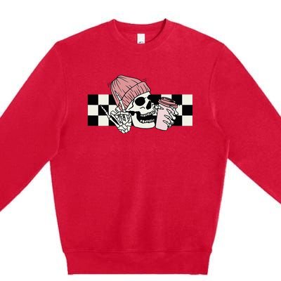 Skeleton Peace Sign Coffee Checkerboard Premium Crewneck Sweatshirt