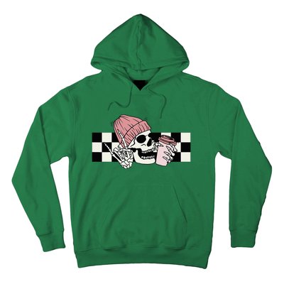 Skeleton Peace Sign Coffee Checkerboard Hoodie