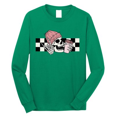 Skeleton Peace Sign Coffee Checkerboard Long Sleeve Shirt