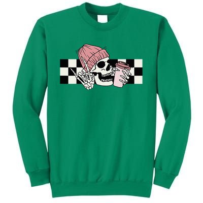 Skeleton Peace Sign Coffee Checkerboard Sweatshirt