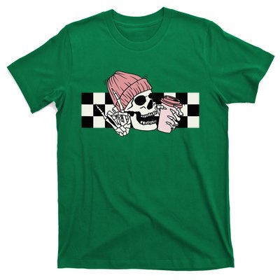 Skeleton Peace Sign Coffee Checkerboard T-Shirt