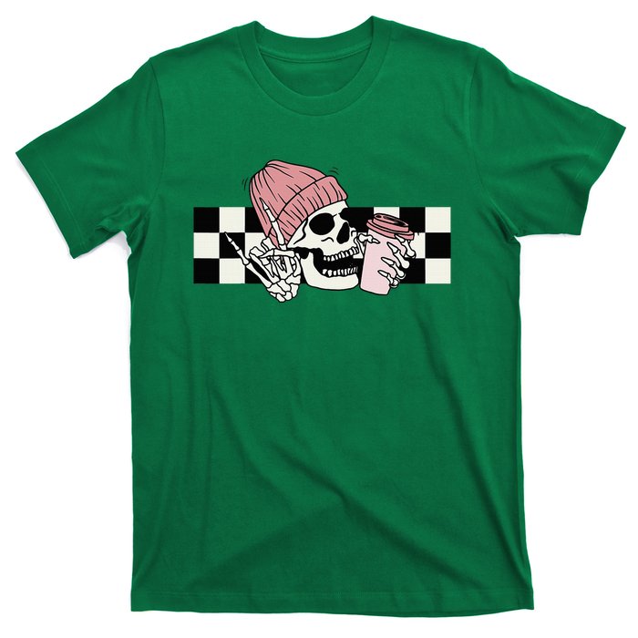 Skeleton Peace Sign Coffee Checkerboard T-Shirt