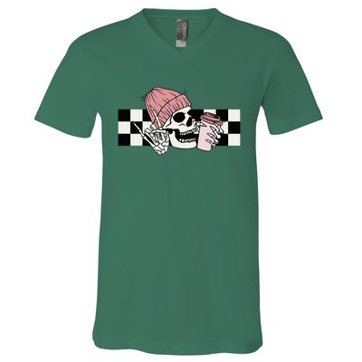 Skeleton Peace Sign Coffee Checkerboard V-Neck T-Shirt