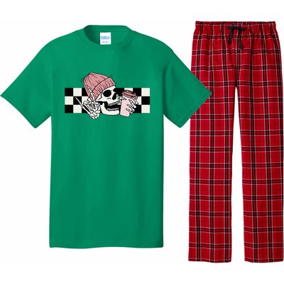 Skeleton Peace Sign Coffee Checkerboard Pajama Set