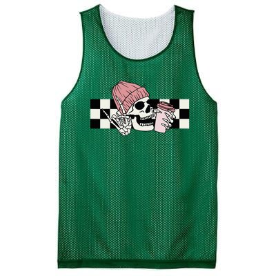 Skeleton Peace Sign Coffee Checkerboard Mesh Reversible Basketball Jersey Tank