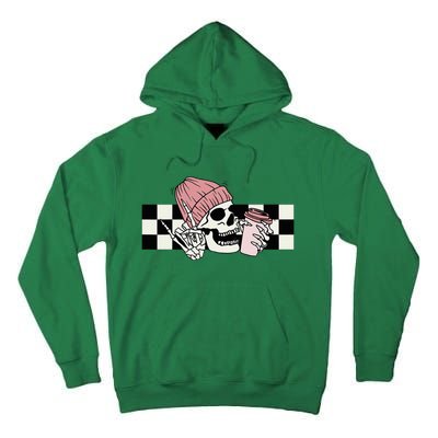 Skeleton Peace Sign Coffee Checkerboard Tall Hoodie