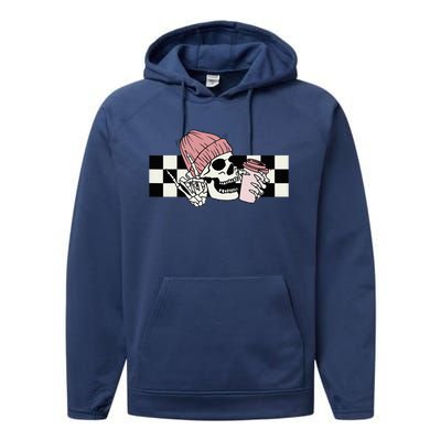 Skeleton Peace Sign Coffee Checkerboard Performance Fleece Hoodie