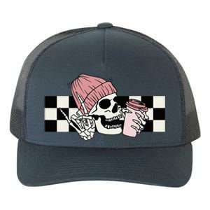 Skeleton Peace Sign Coffee Checkerboard Yupoong Adult 5-Panel Trucker Hat