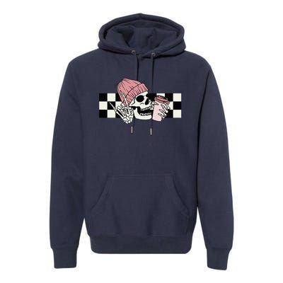 Skeleton Peace Sign Coffee Checkerboard Premium Hoodie