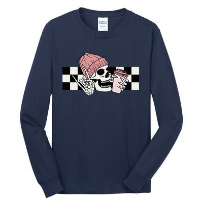 Skeleton Peace Sign Coffee Checkerboard Tall Long Sleeve T-Shirt