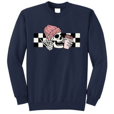 Skeleton Peace Sign Coffee Checkerboard Tall Sweatshirt