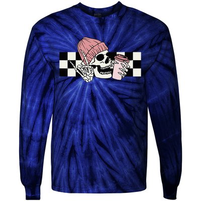 Skeleton Peace Sign Coffee Checkerboard Tie-Dye Long Sleeve Shirt