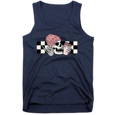 Skeleton Peace Sign Coffee Checkerboard Tank Top