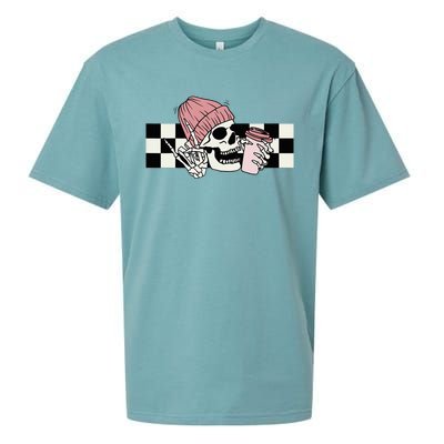 Skeleton Peace Sign Coffee Checkerboard Sueded Cloud Jersey T-Shirt