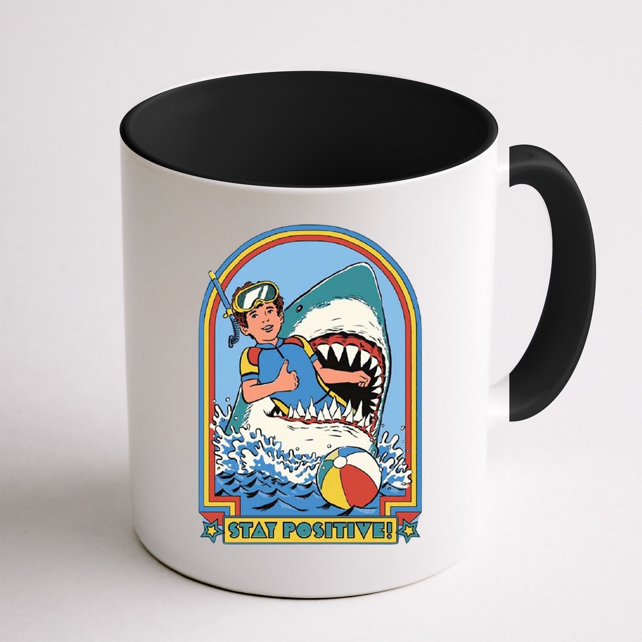 Stay Positive Shark Attack Comic Mug