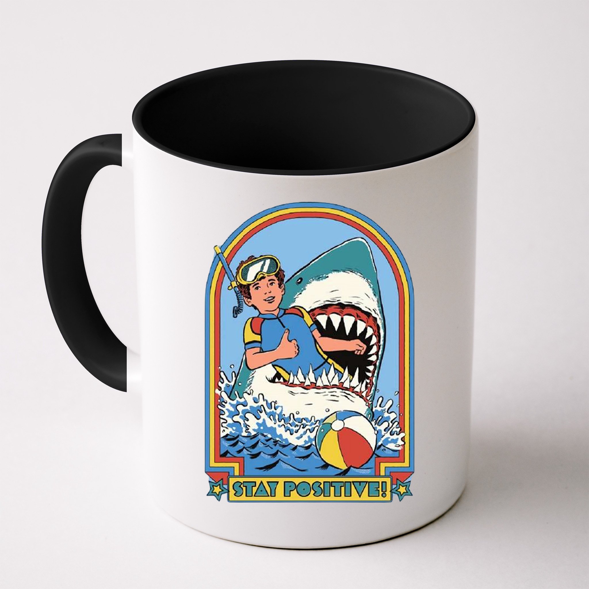 Stay Positive Shark Attack Comic Mug