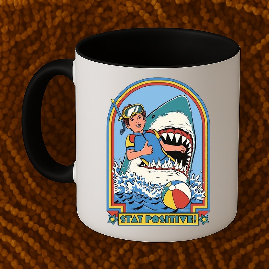 Stay Positive Shark Attack Comic Mug