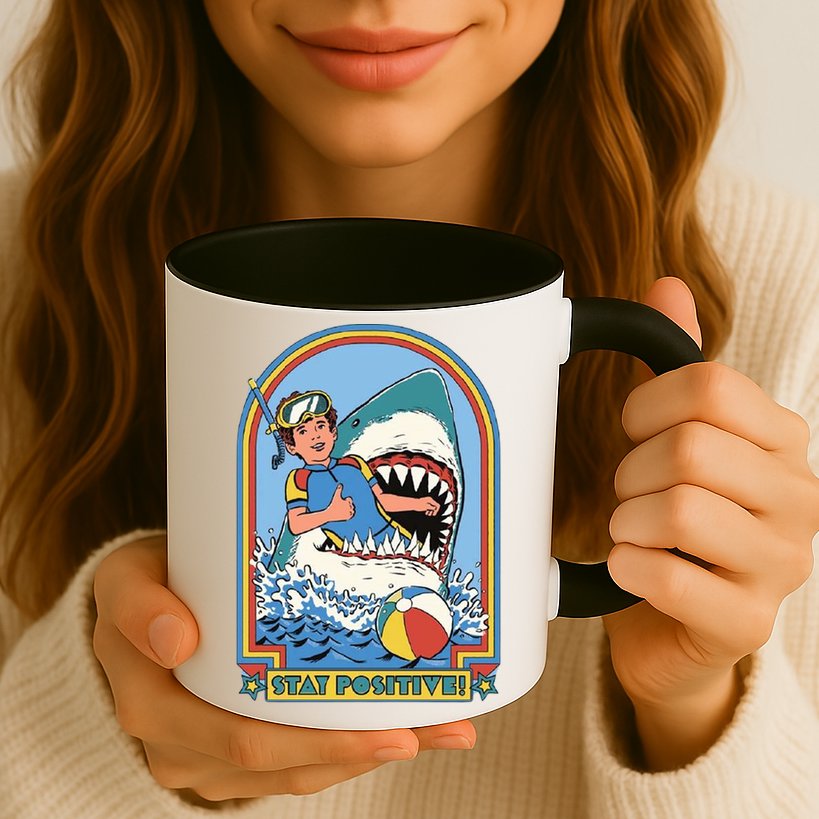 Stay Positive Shark Attack Comic Mug