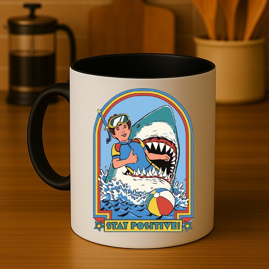 Stay Positive Shark Attack Comic Mug