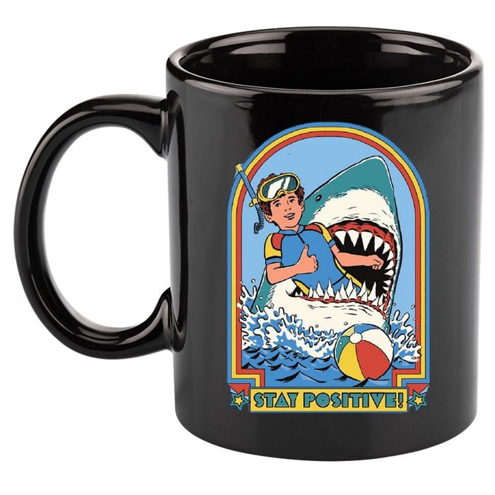 Stay Positive Shark Attack Comic 11oz C Handle Ceramic Mug
