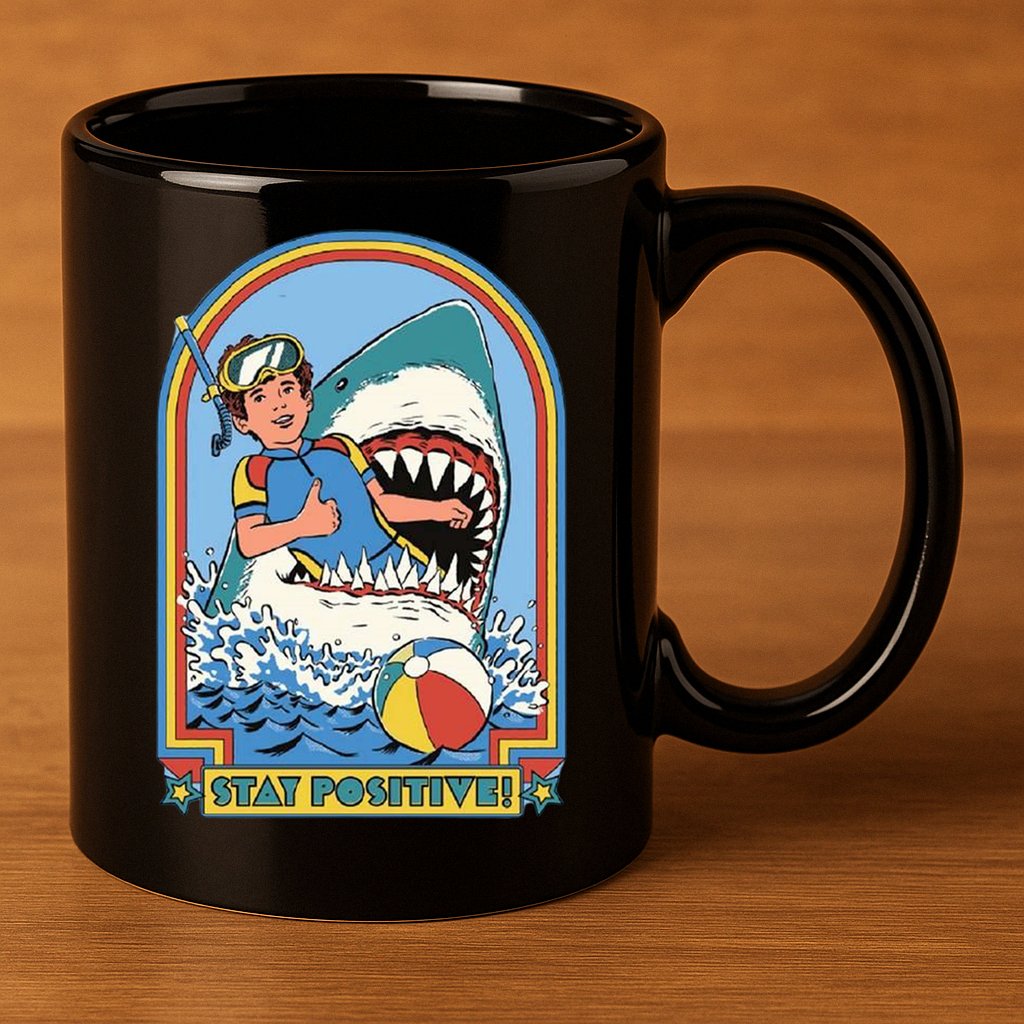 Stay Positive Shark Attack Comic 11oz C Handle Ceramic Mug