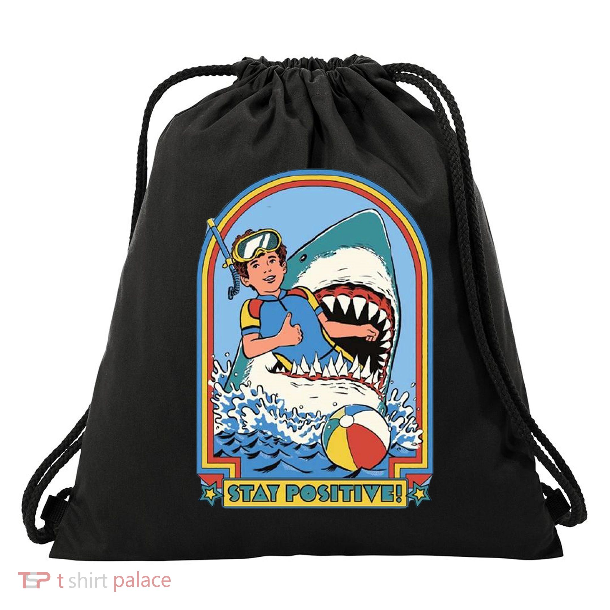 Stay Positive Shark Attack Comic Drawstring Bag