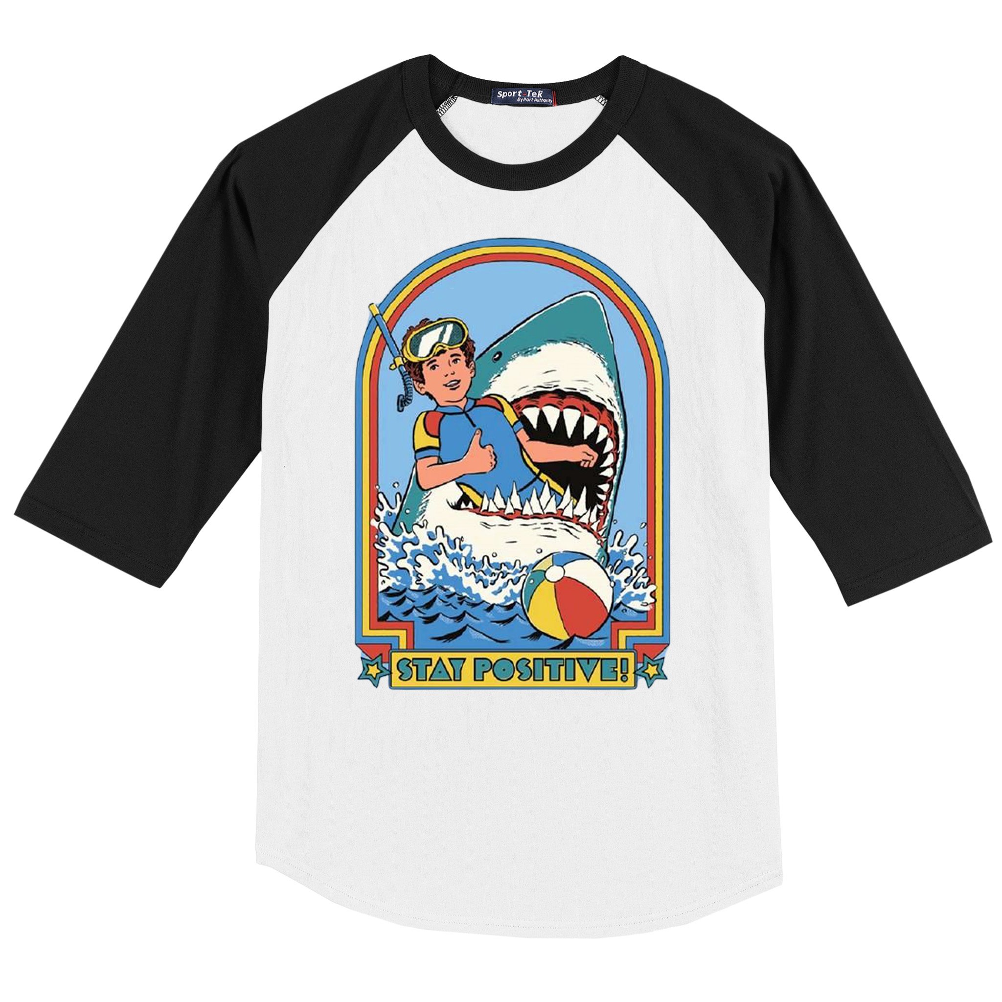 Stay Positive Shark Attack Comic Baseball Sleeve Shirt
