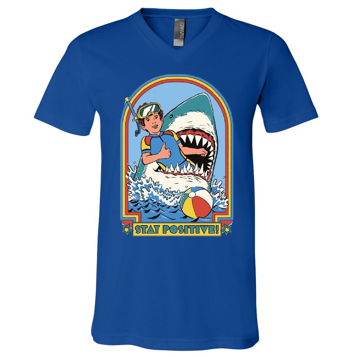 Stay Positive Shark Attack Comic V-Neck T-Shirt