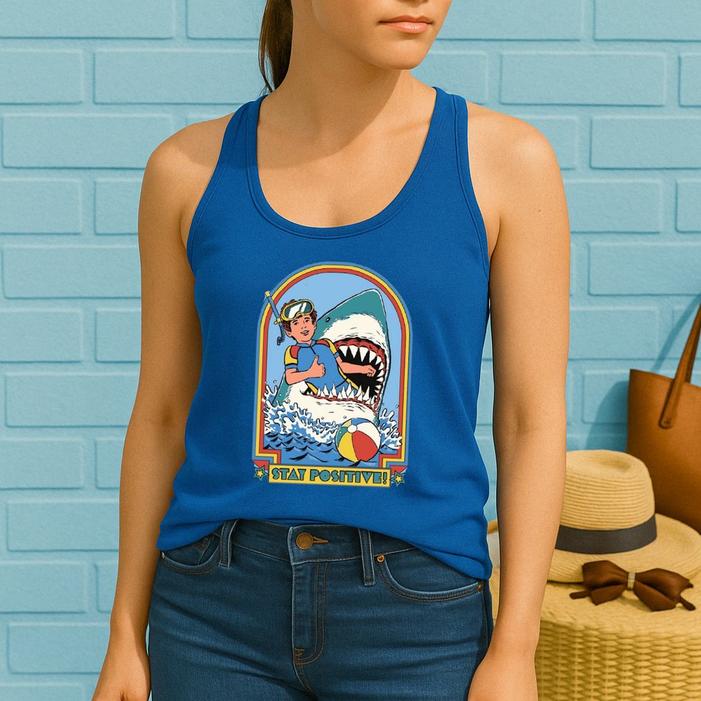 Stay Positive Shark Attack Comic Womens Tank Top