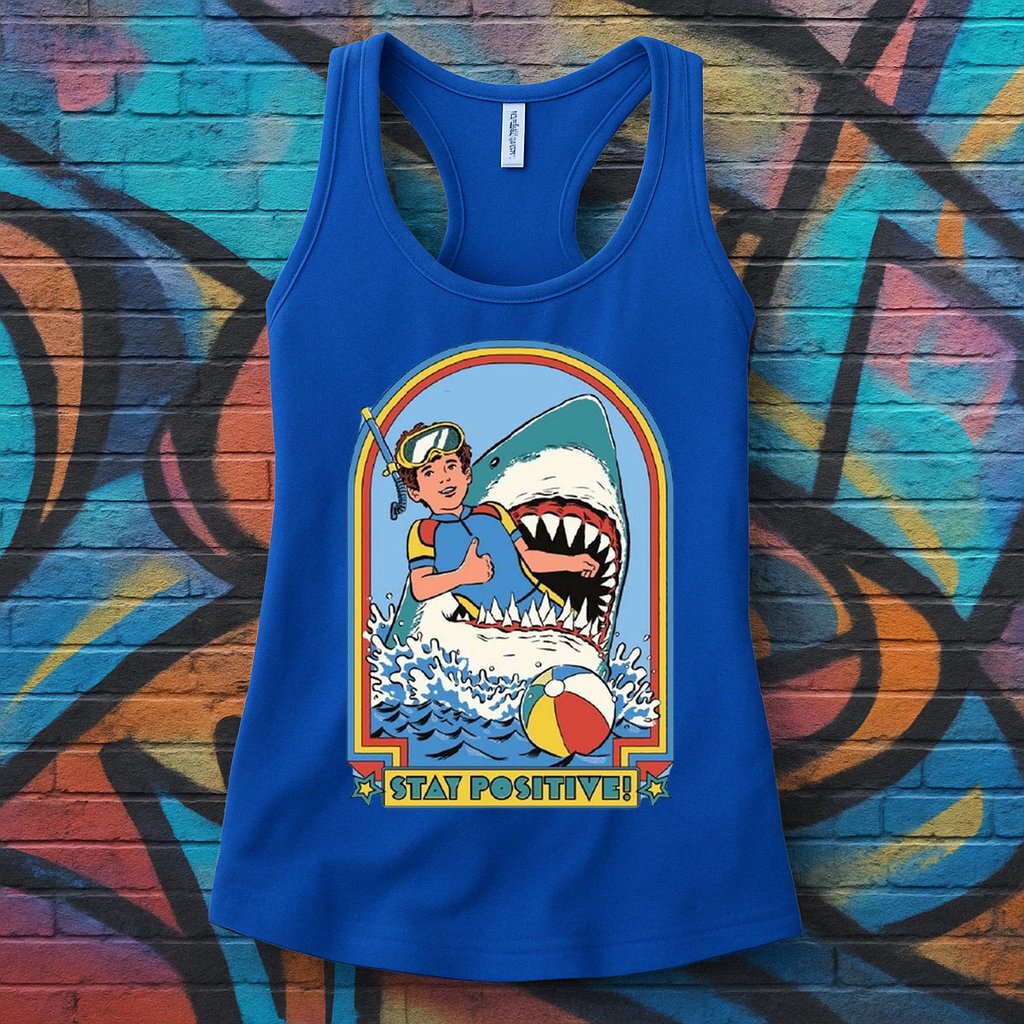 Stay Positive Shark Attack Comic Womens Tank Top