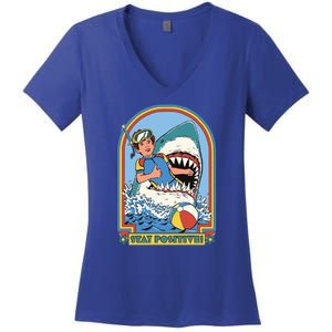 Stay Positive Shark Attack Comic Women's V-Neck T-Shirt