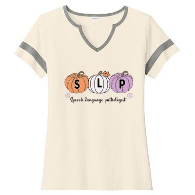 Slp Pumpkin Speech Language Pathologist Grade Fall Autumn Ladies Halftime Notch Neck Tee