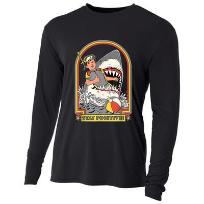 Stay Positive Shark Attack Vintage Retro Comedy Funny Gift Cooling Performance Long Sleeve Crew