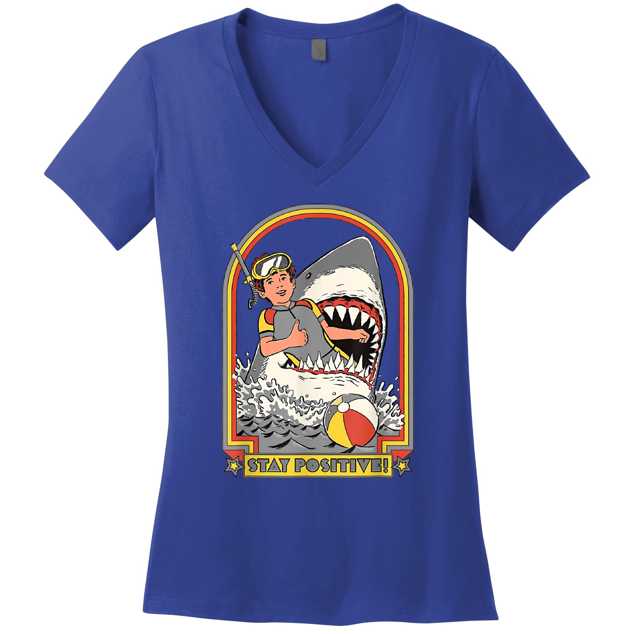 Stay Positive Shark Attack Vintage Retro Comedy Funny Gift Women's V-Neck T-Shirt