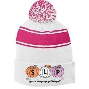 Slp Pumpkin Speech Language Pathologist Grade Fall Autumn Stripe Pom Pom Beanie