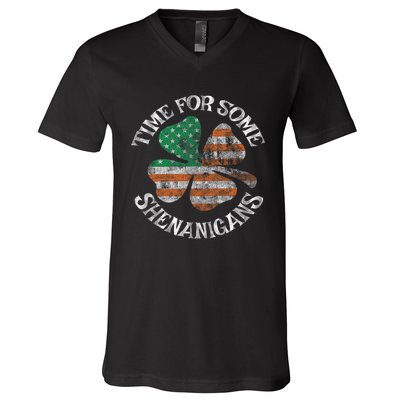 St. Patrick S Time For Some Shenanigans Irish American Flag V-Neck T-Shirt