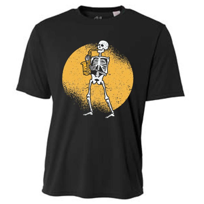 Skeleton Playing Saxophone Jazz Halloween Music Spooky Scary Cooling Performance Crew T-Shirt