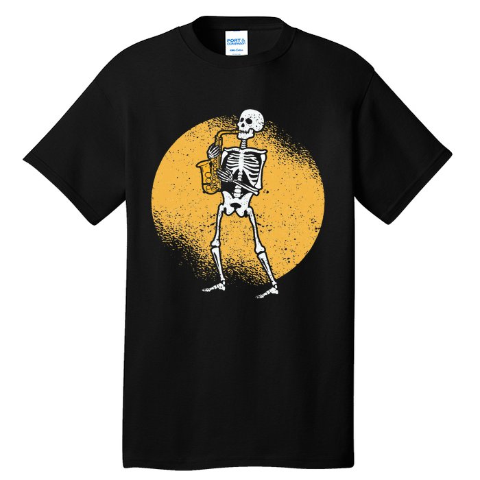 Skeleton Playing Saxophone Jazz Halloween Music Spooky Scary Tall T-Shirt