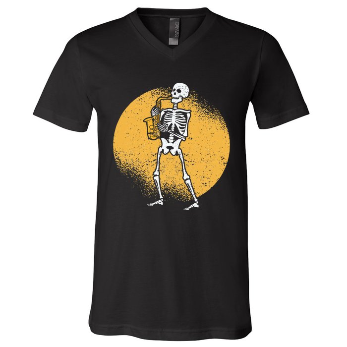 Skeleton Playing Saxophone Jazz Halloween Music Spooky Scary V-Neck T-Shirt