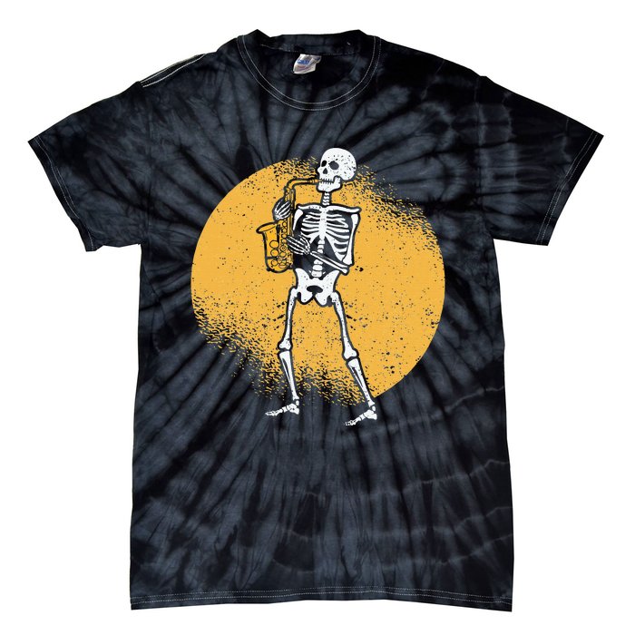 Skeleton Playing Saxophone Jazz Halloween Music Spooky Scary Tie-Dye T-Shirt