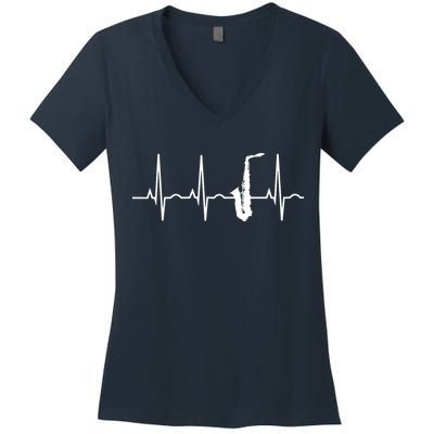 Saxophone Player Shirts Saxophone Heartbeat Women's V-Neck T-Shirt