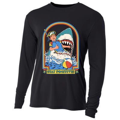 Stay Positive Shark Attack Funny Vintage Retro Comedy Gift Cooling Performance Long Sleeve Crew