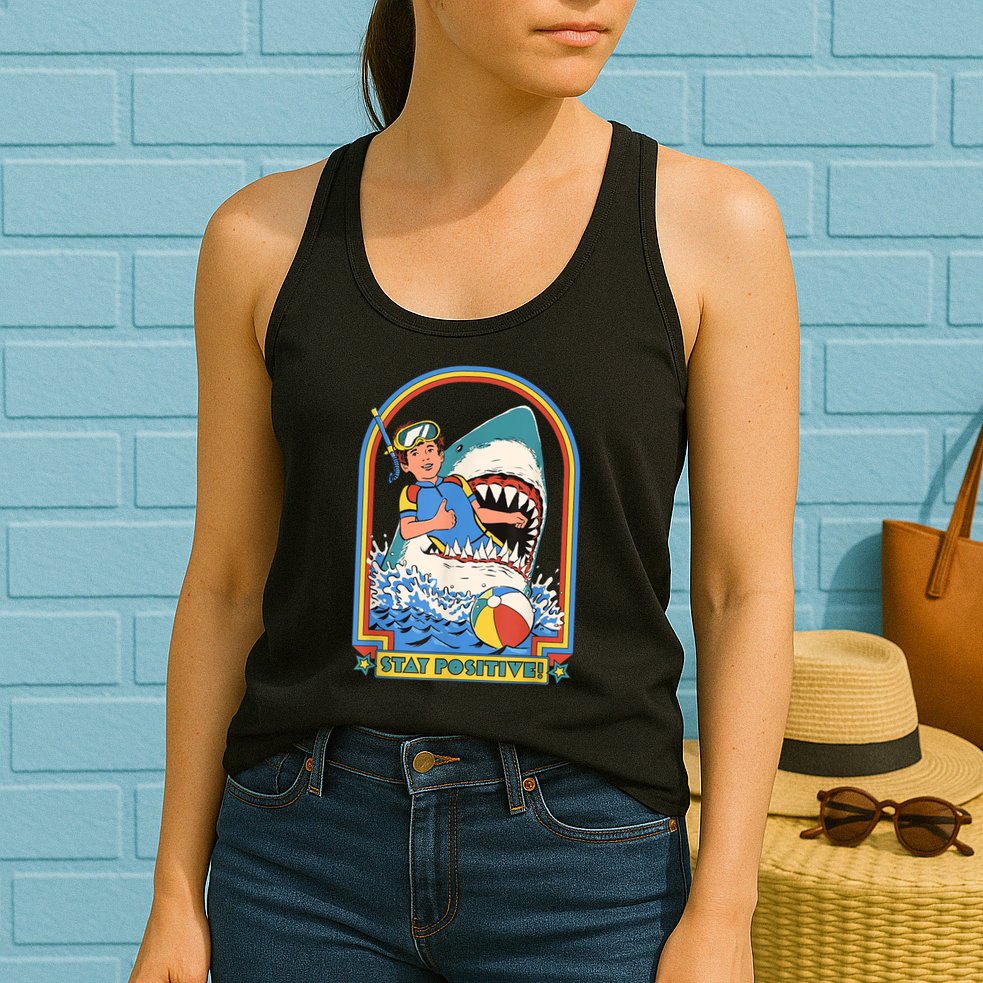 Stay Positive Shark Attack Funny Vintage Retro Comedy Gift Womens Tank Top