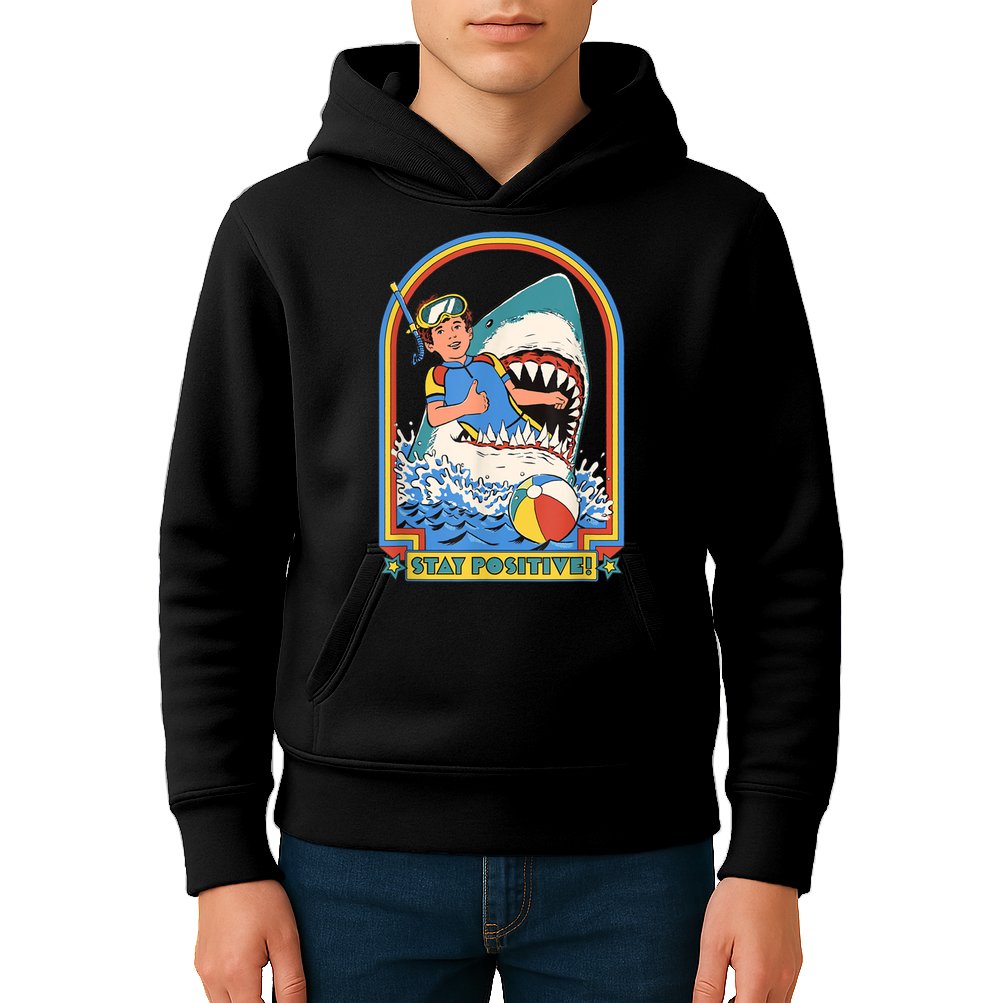 Stay Positive Shark Attack Funny Vintage Retro Comedy Gift Kids Hoodie