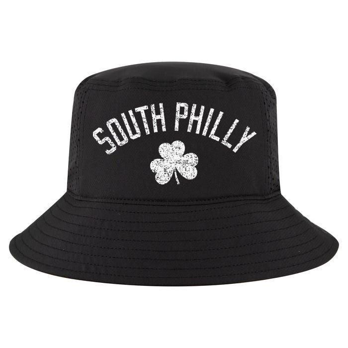 South Philly Text Irish Shamrock Distressed White Print Cool Comfort Performance Bucket Hat